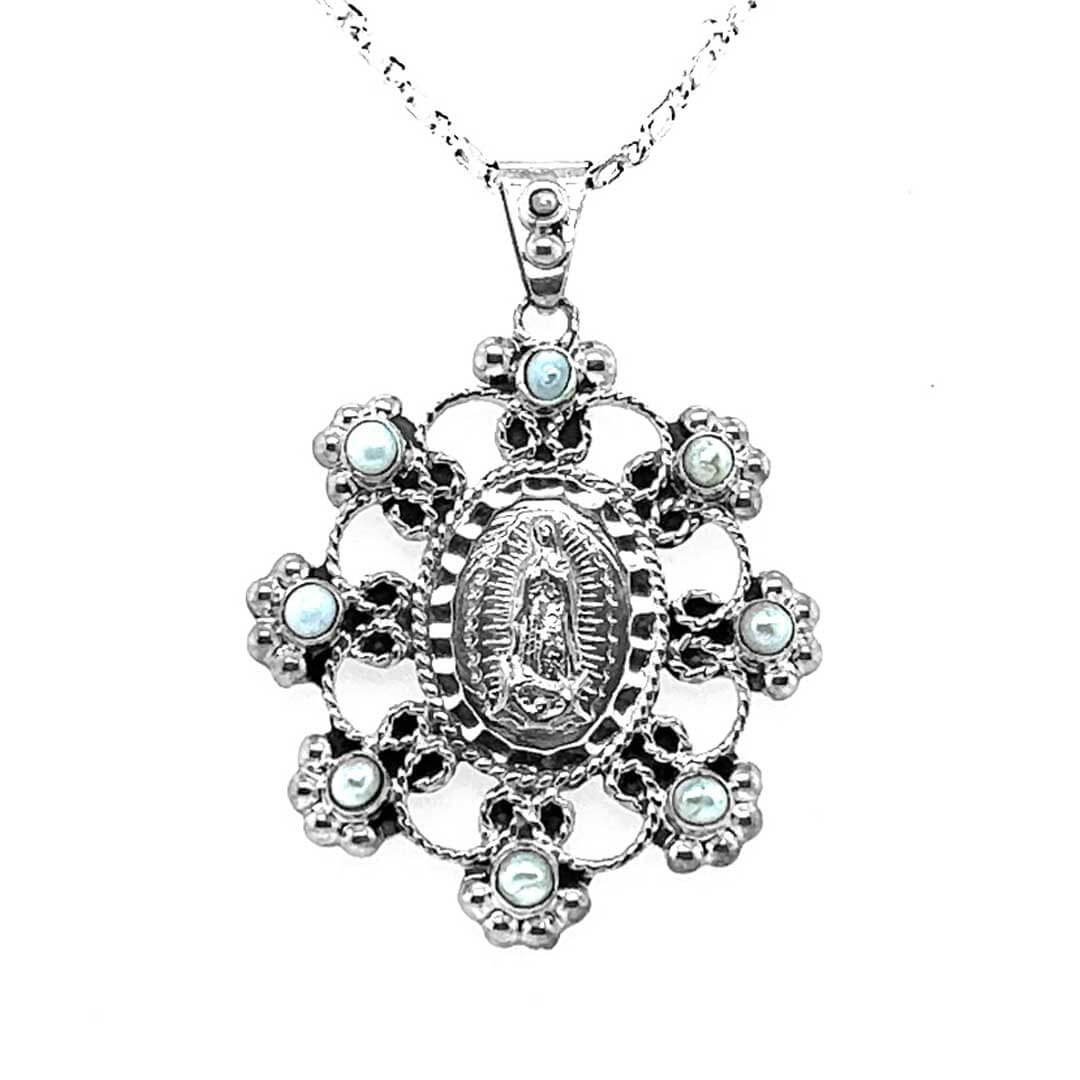 Lady-of-Guadalupe-Silver-Pendand-with-Pearls-front-Nueve-Sterling