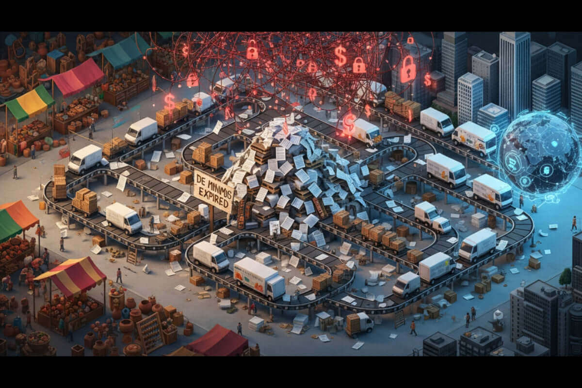 Small business export challenges from Mexico and Canada into the US, showing chaos, bureaucracy, and high costs at the border.