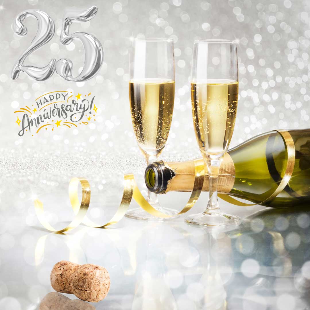 25th Silver Wedding Anniversary celebration with champagne and glasses