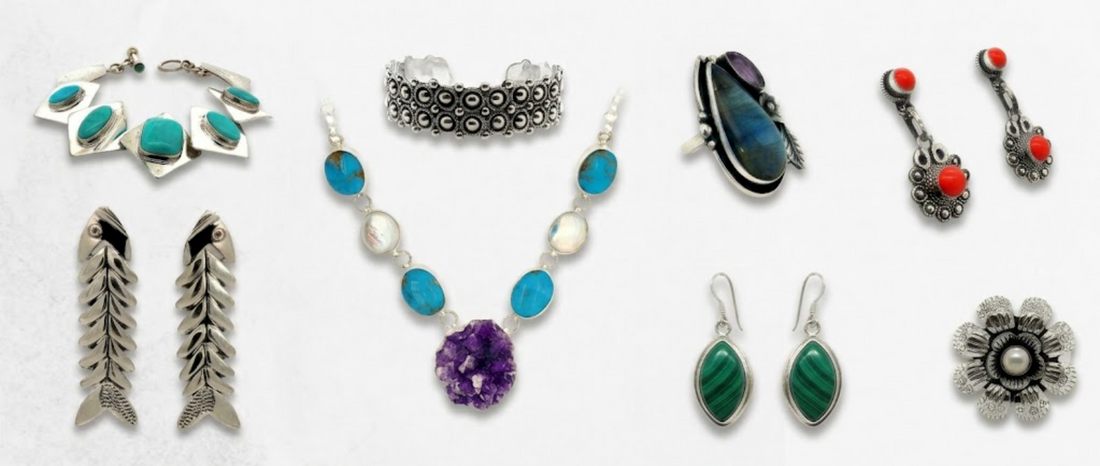 Collage Taxco silver jewelry with bracelets, earrings, necklace and rings