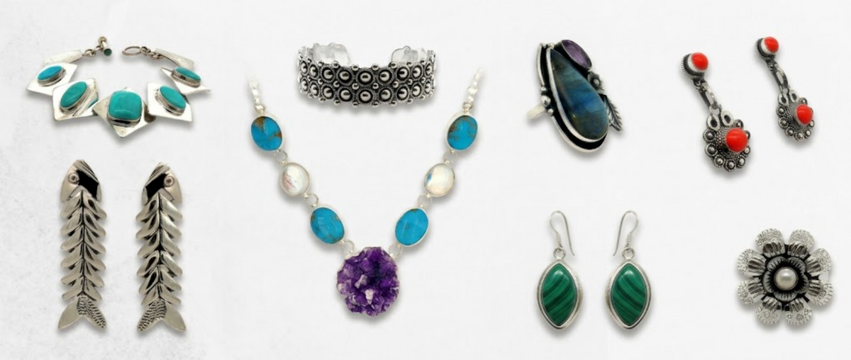 Collage Taxco silver jewelry with bracelets, earrings, necklace and rings
