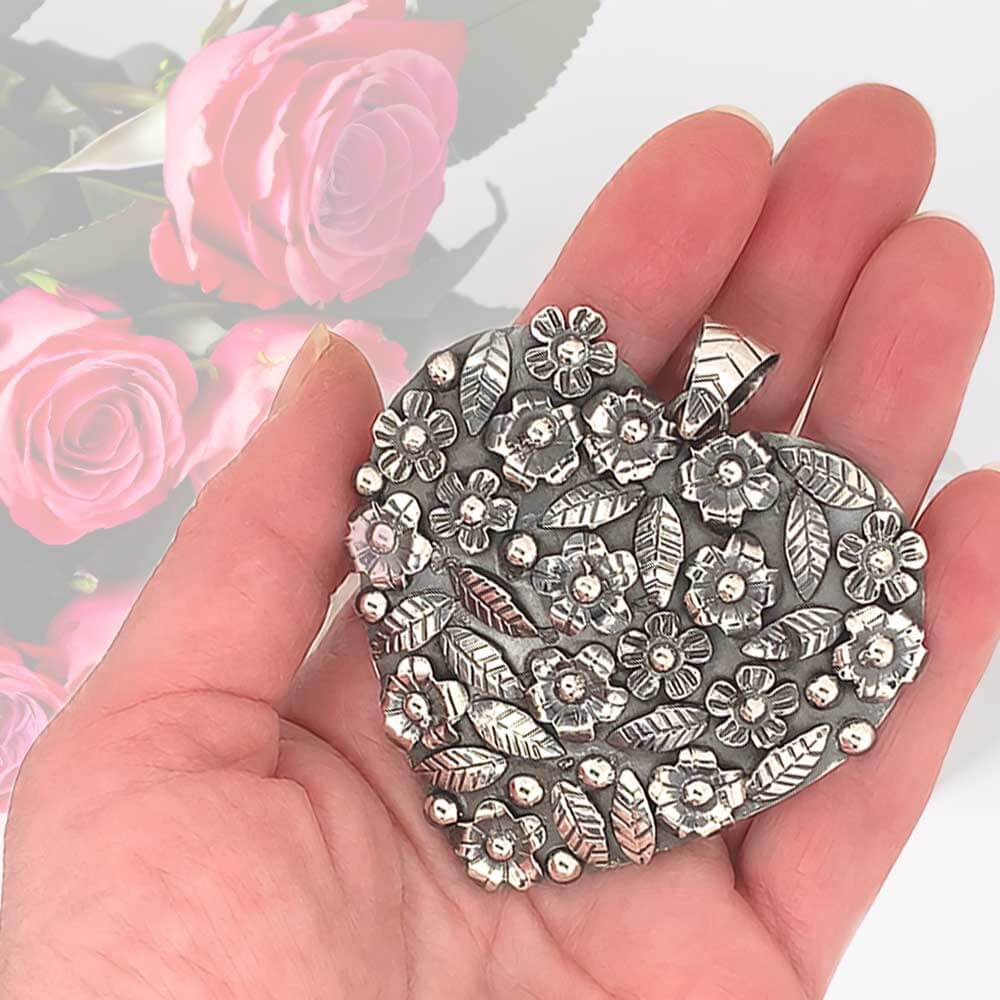 Mexican Silver Heart Pendant Valentines Day Nueve Sterling