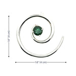 Overhead view of a circular silver spiral pendant with a green tourmaline center showing dimensions of 1.6 inches.