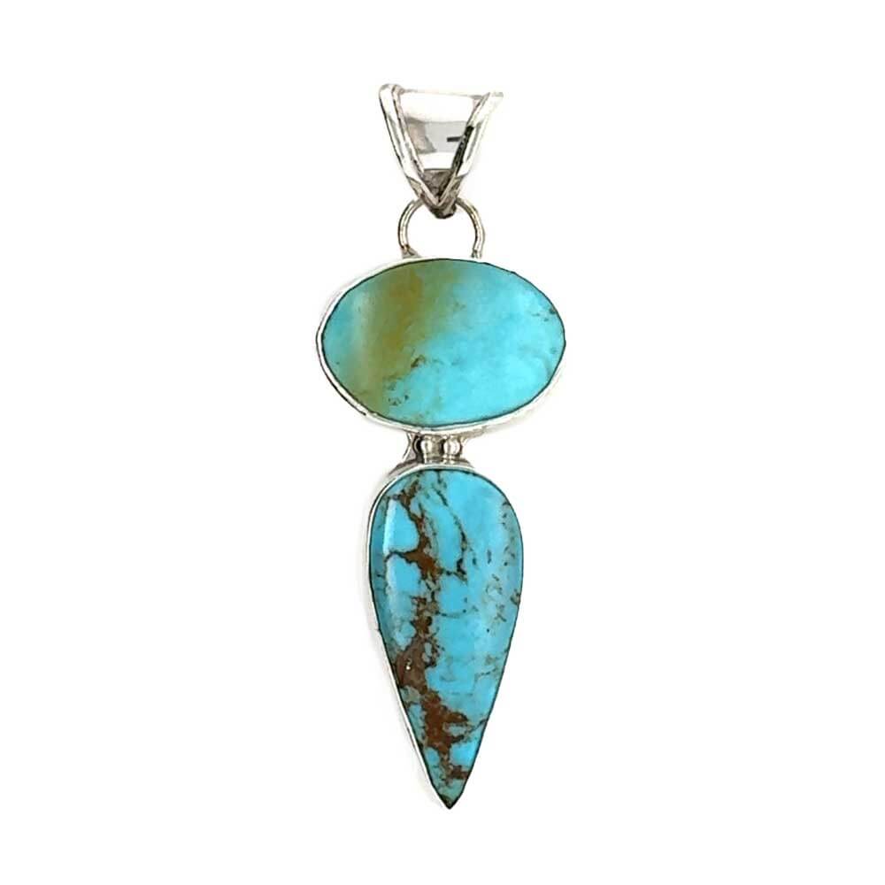 Front layout view of a handmade 950 silver stacked pendant showcasing two distinct shapes of genuine turquoise.