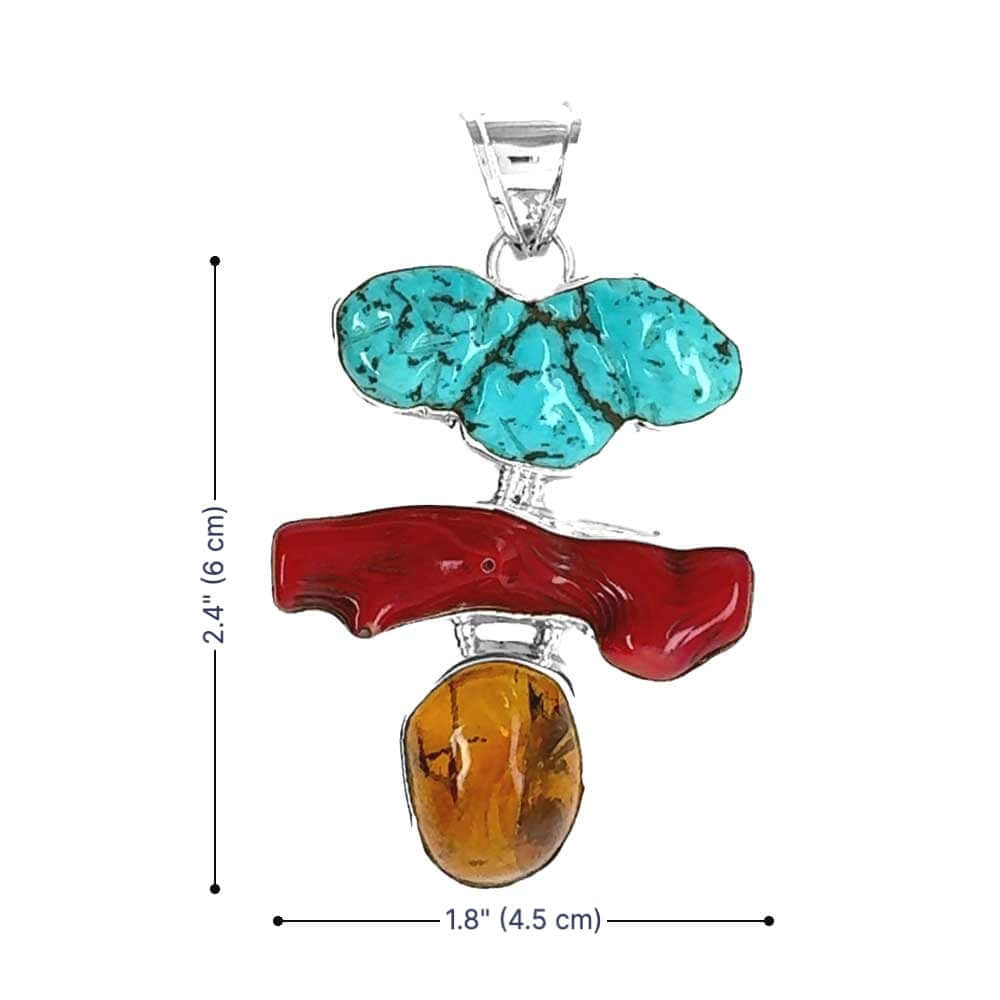 950-Silver-Turquoise-Coral-and-Amber-Large-Pendant-measurements-Nueve-Sterling