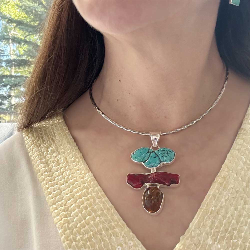 950-Silver-Turquoise-Coral-and-Amber-Large-Pendantwith-model-Nueve-Sterling