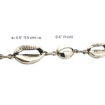 Silver bracelet with shell-like links on a white background with measurements