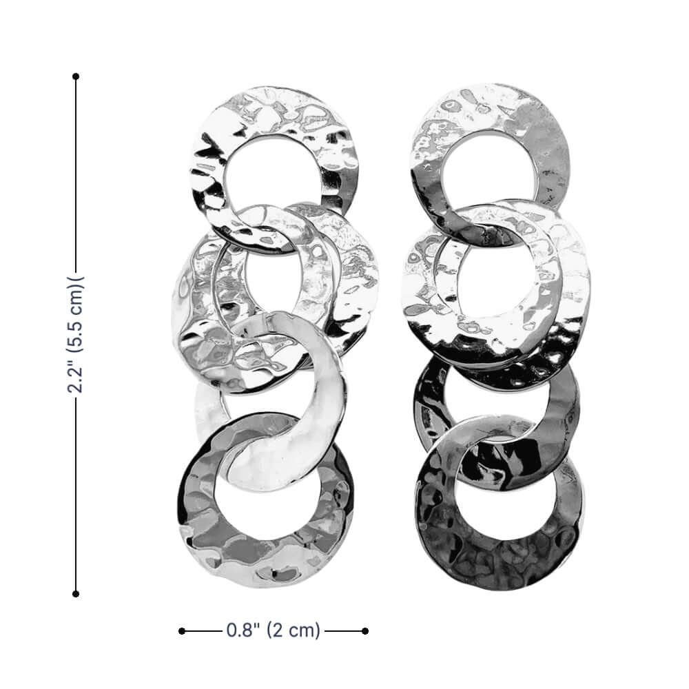 Pair of silver hoop earrings with clear gemstones, shown with measurements on a white background.