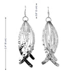 Silver leaf-shaped earrings with measurements on a white background