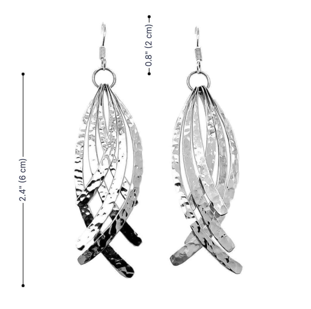 Silver leaf-shaped earrings with measurements on a white background