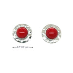 Pair of silver earrings with red coral on a white background with dimensions