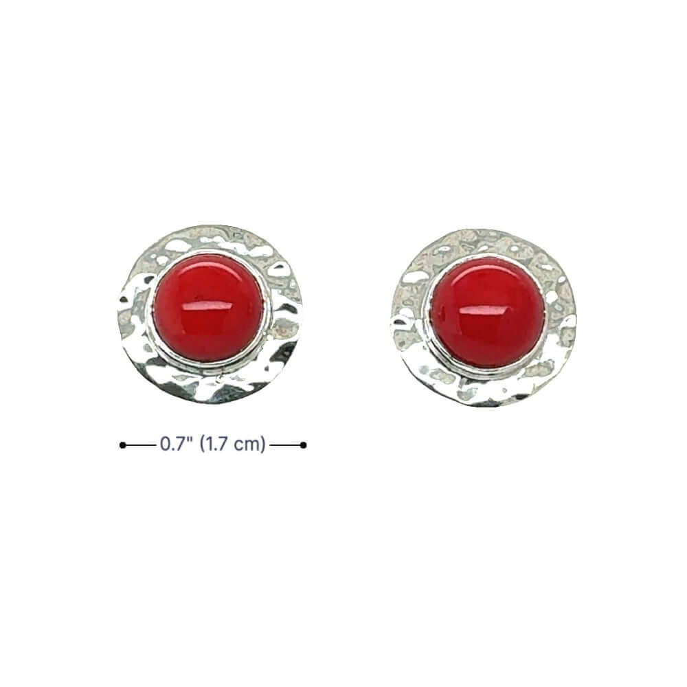 Pair of silver earrings with red coral on a white background with dimensions