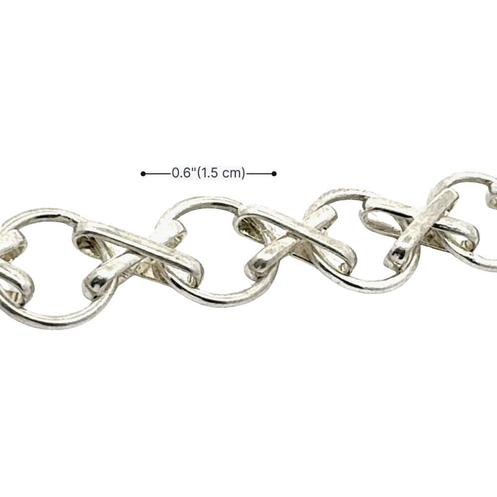 Silver chain with measurement label on a white background