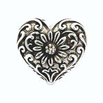 Taxco heart-shaped silver ring with intricate patterns on a white background