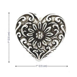 Taxco silver heart-shaped ring with intricate patterns on a white background and measurements