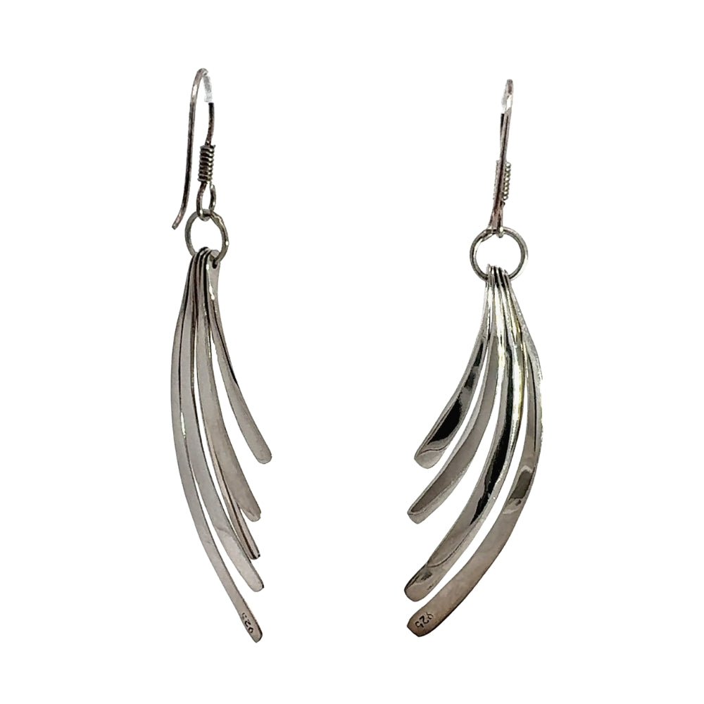 Pair of silver leaf-shaped earrings on a white background