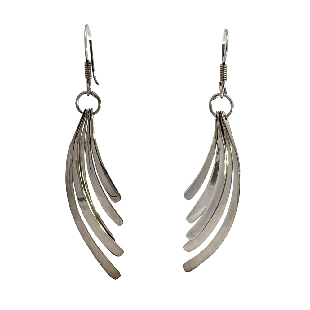 Pair of silver leaf-like earrings on a white background