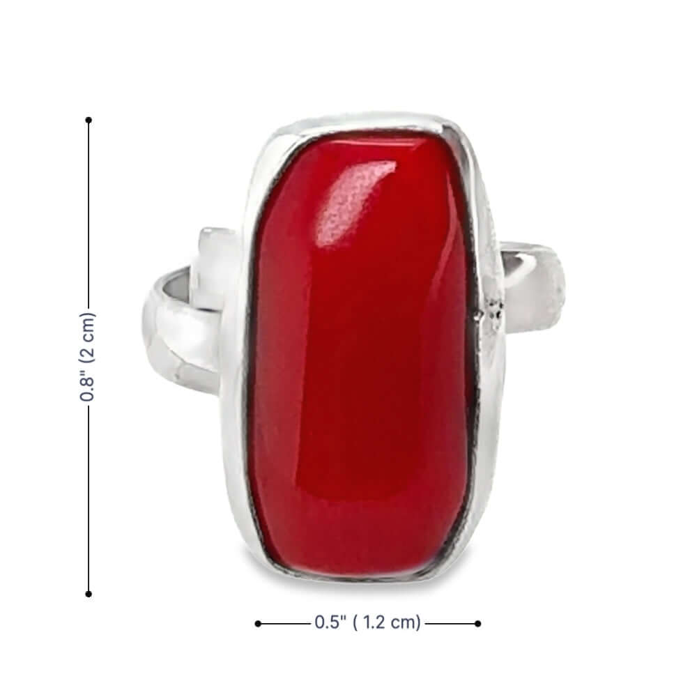 Ring with a red coral and silver band, shown with measurements on a white background
