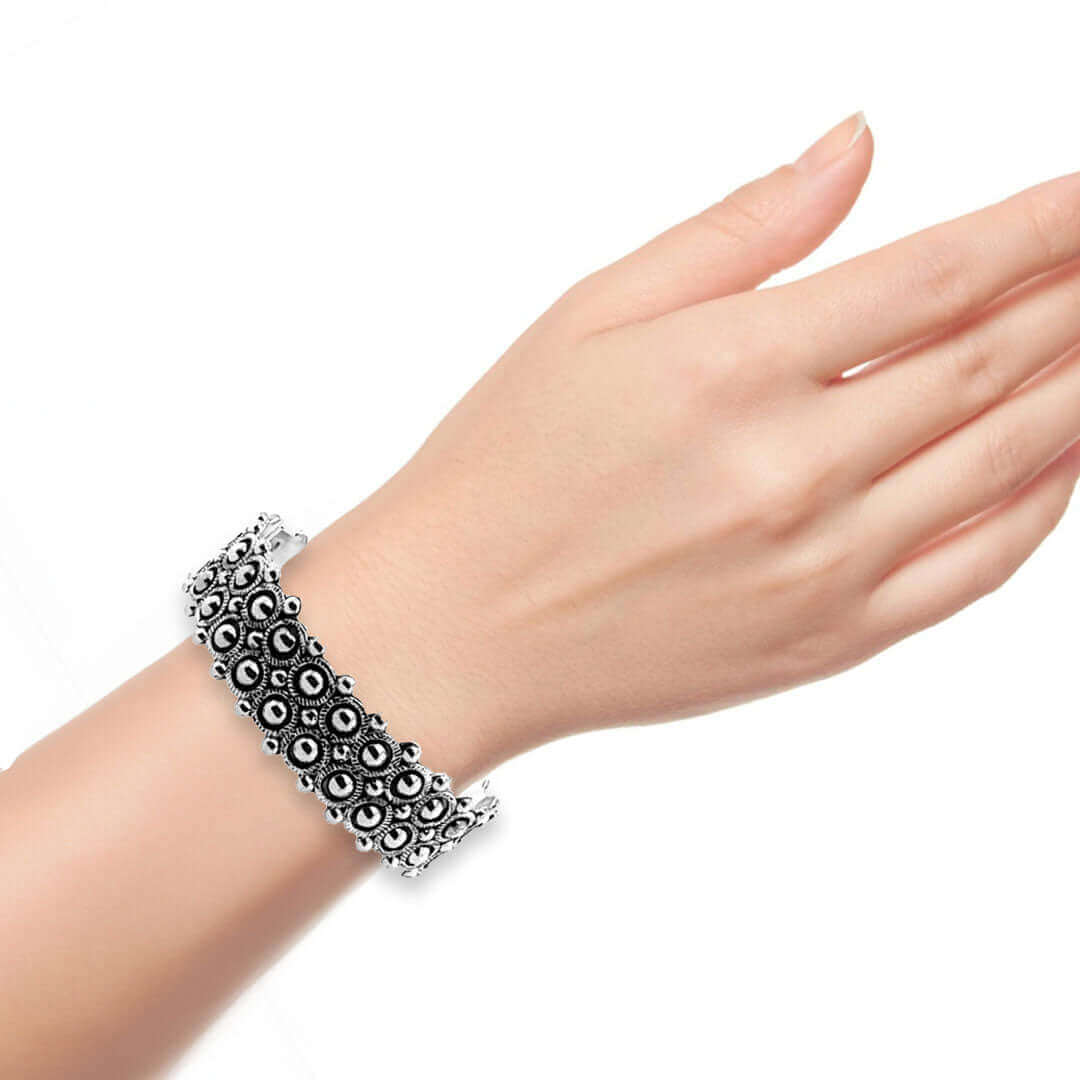 Beaded-Silver-Cuff-Bracelet-with-model-Nueve-Sterling