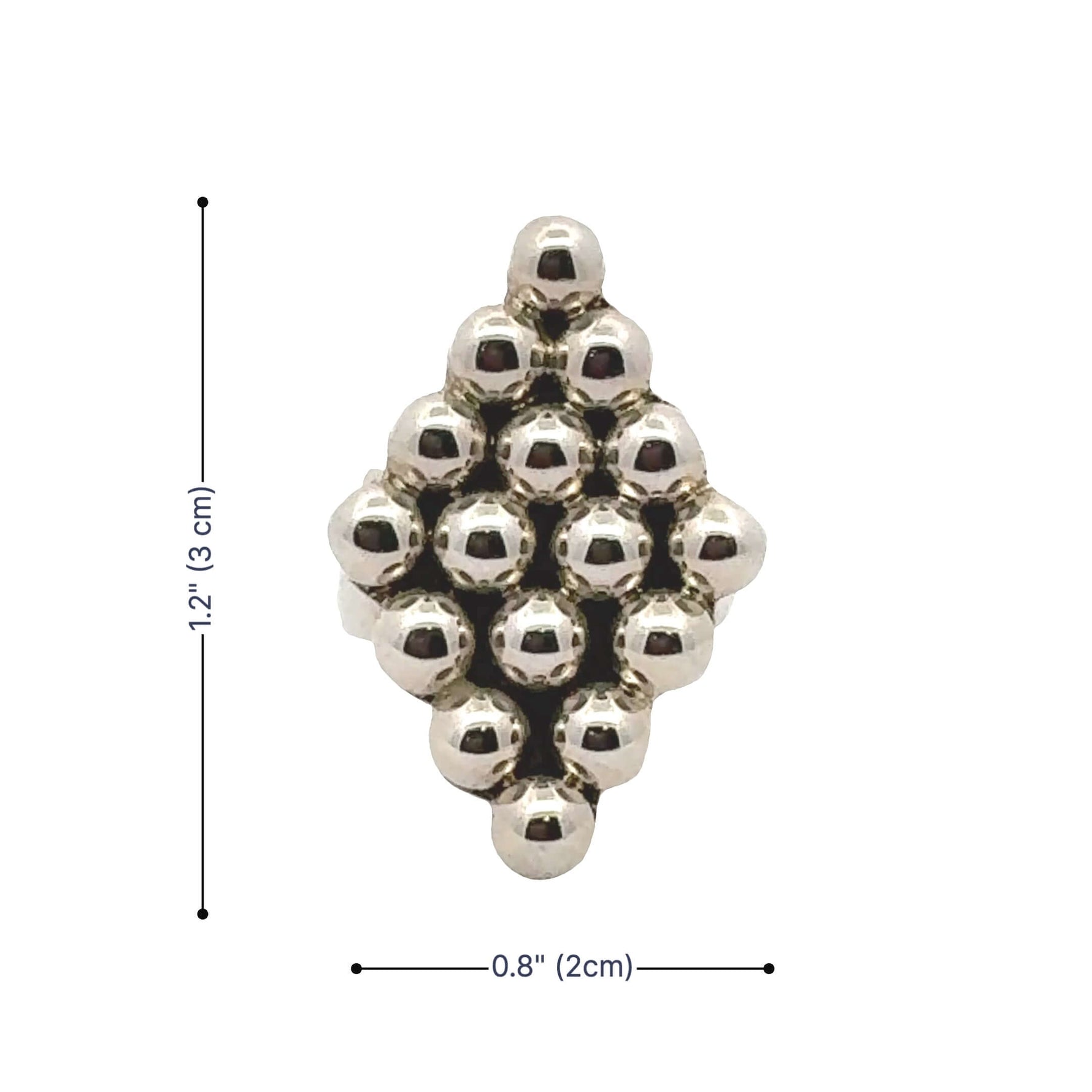 Sterling silver bead ring with measurements on a white background
