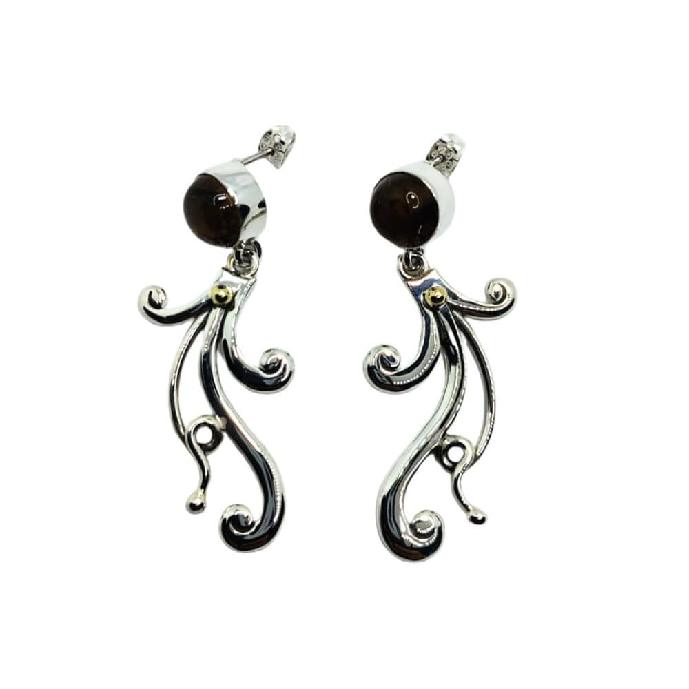 Pair of silver earrings with dark gemstones on a white background