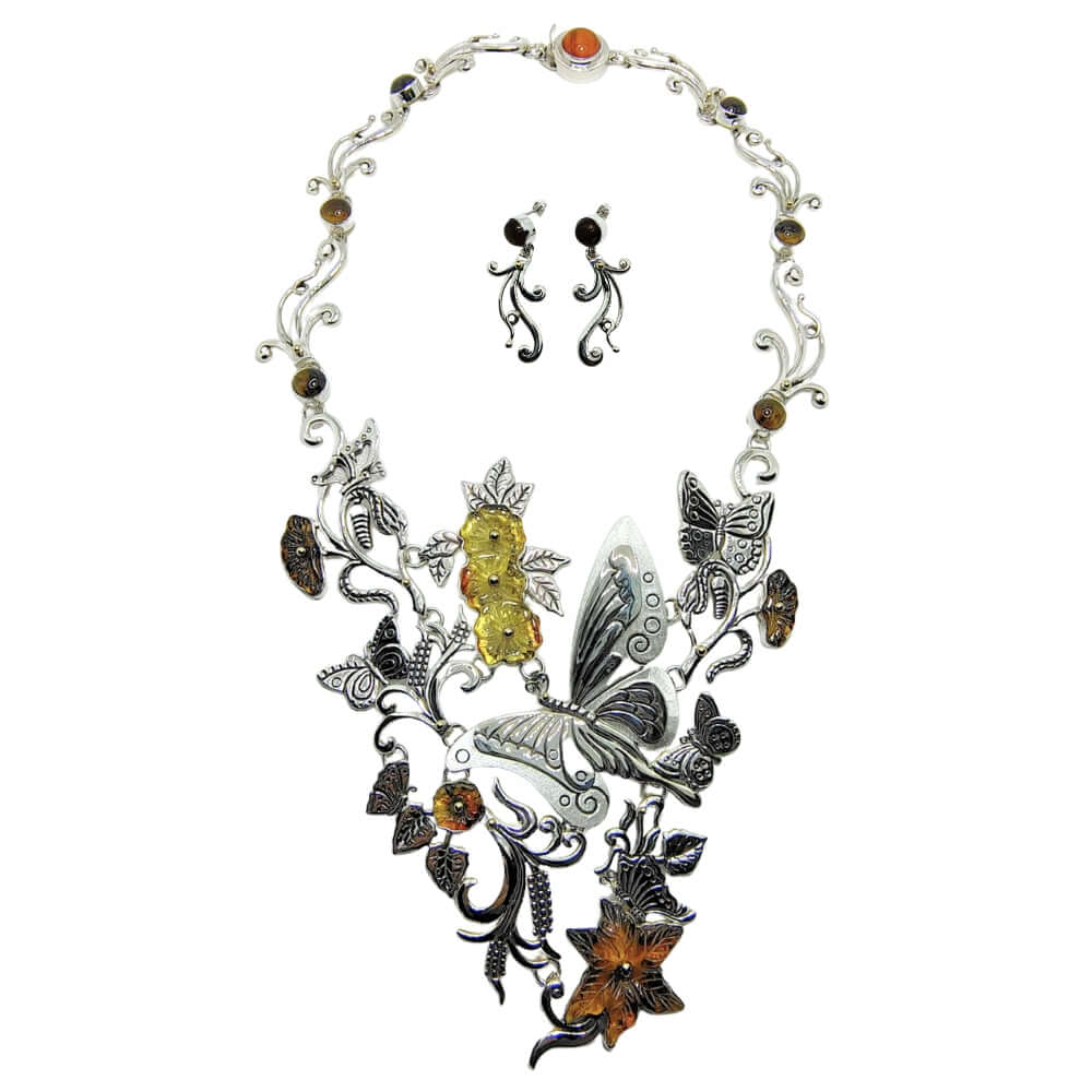 Jewelry set with butterfly-themed necklace and earrings on a white background