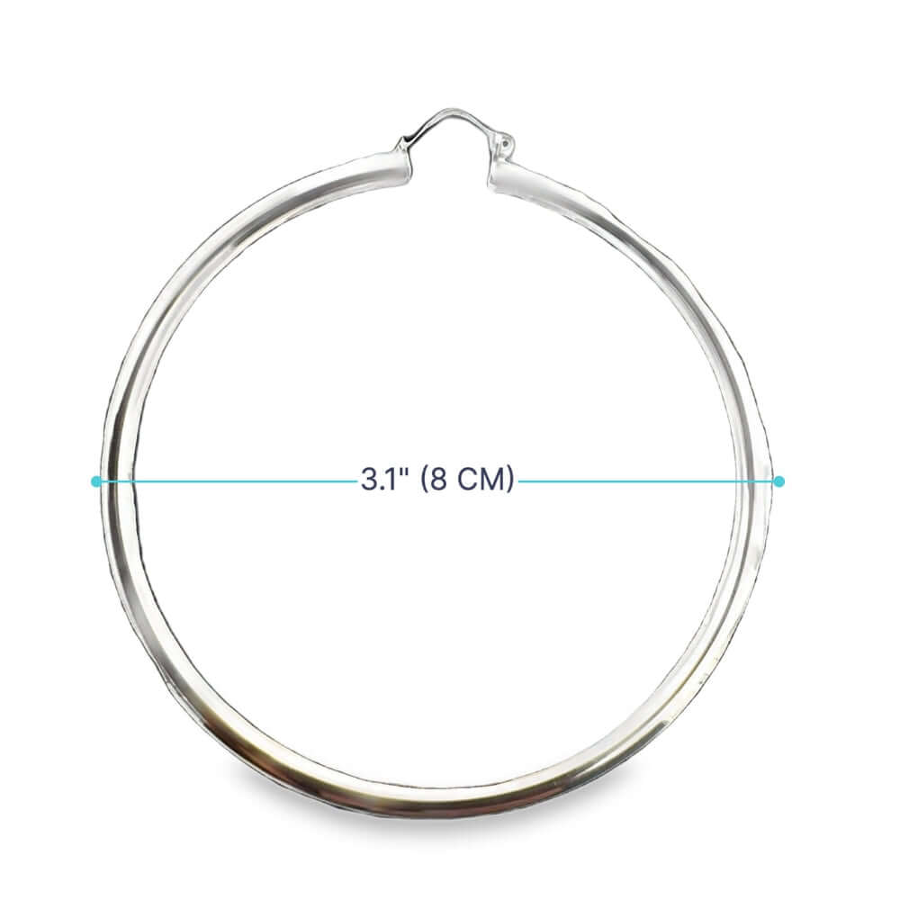 8 cm silver hoop earring with measurement label on a white background