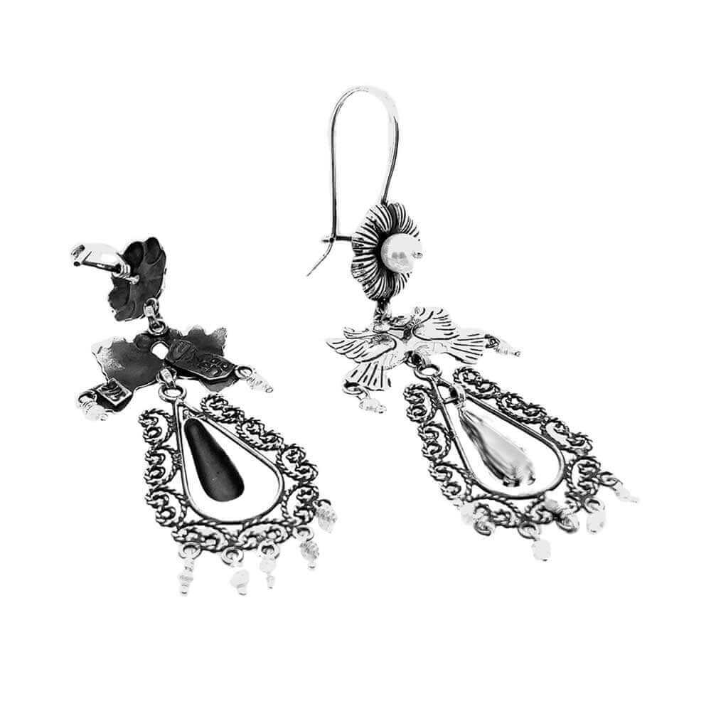 Birds-and-Flower-Filigree-Silver-Earrings-flat-Nueve-Sterling