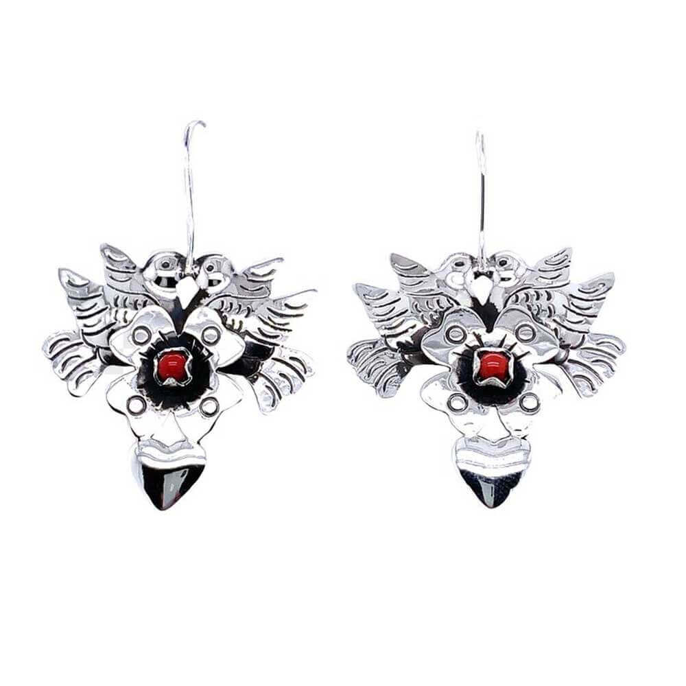 Birds-and-Flower-with-Stone-Silver-Earrings-front-Nueve-Sterling