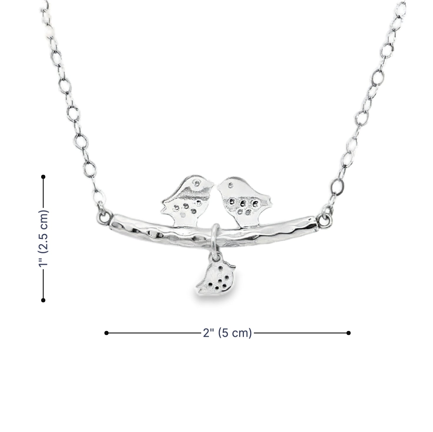 Handmade silver birds necklace with measurements