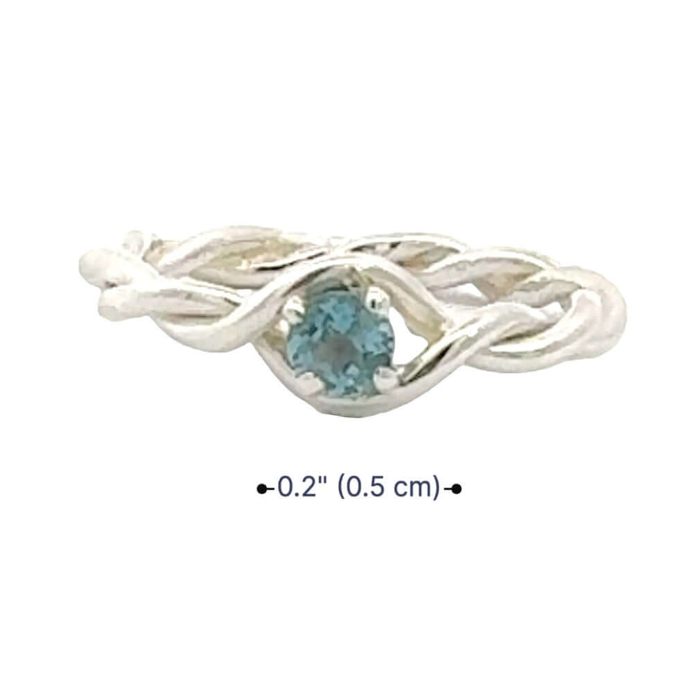 Silver ring with a blue gemstone on a white background with dimensions