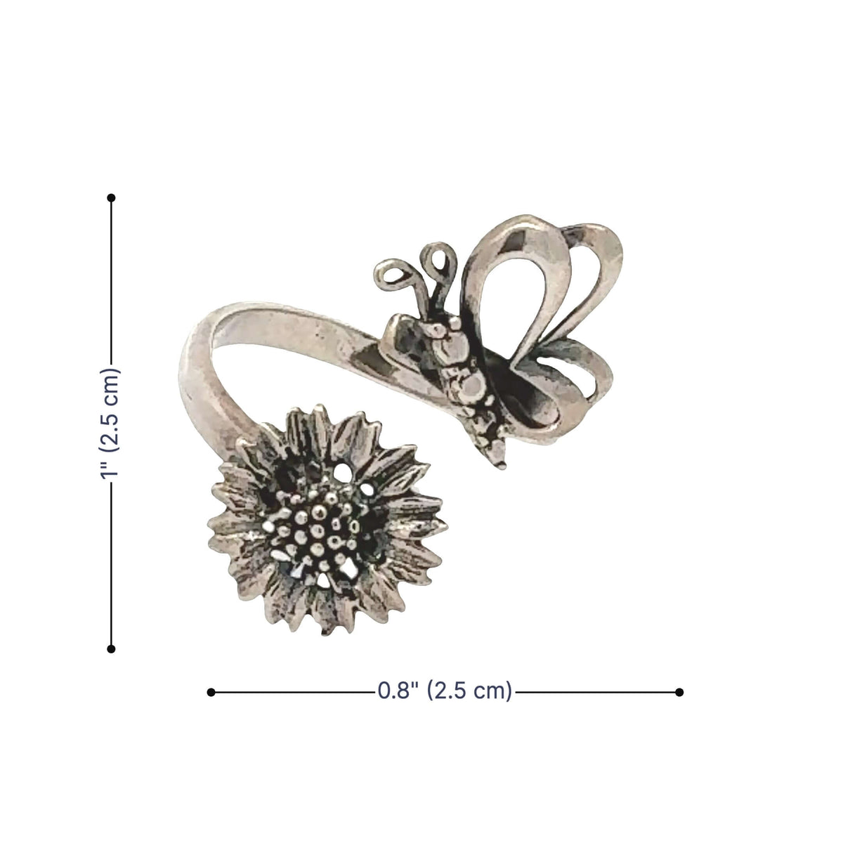 Silver butterfly and sunflower ring with dimensions on a white background