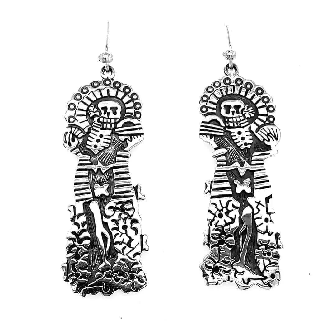 Catrina-with-Dress-Silver-Earrings-front-Nueve-Sterling