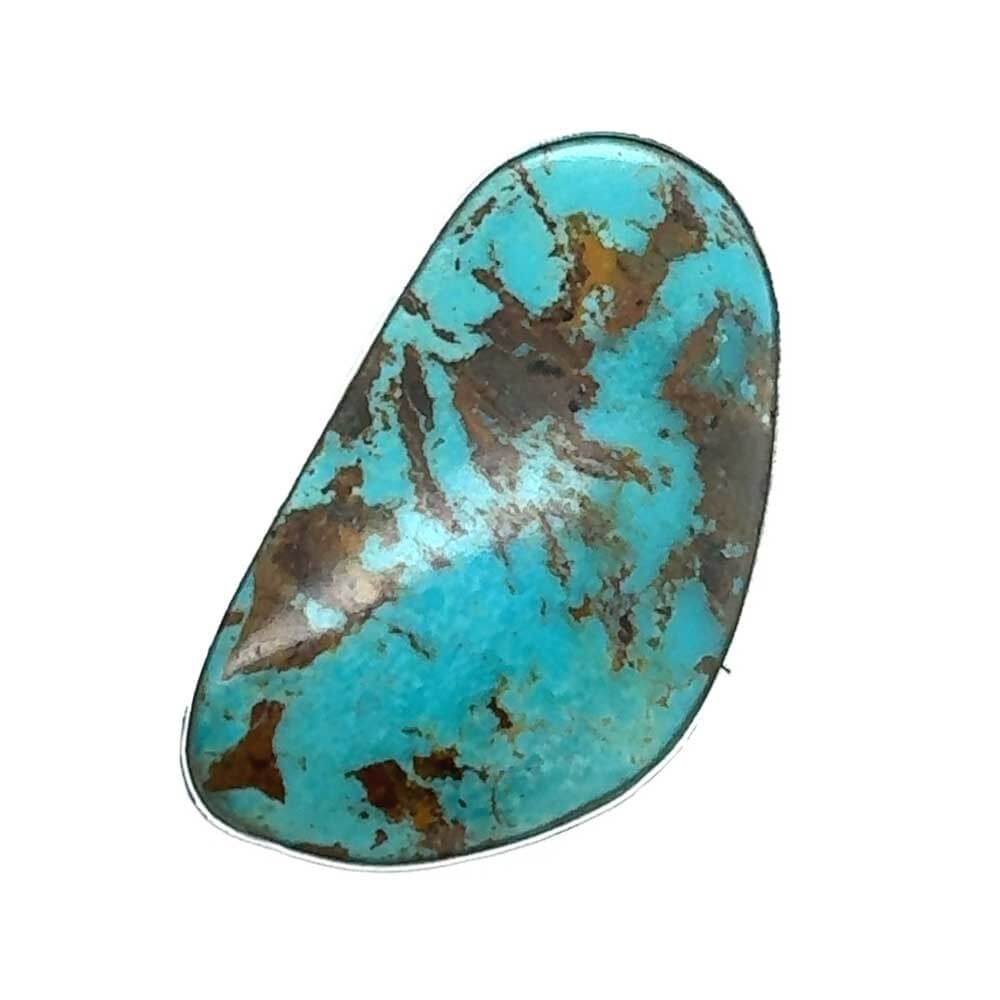 Front layout view of a handmade 950 silver statement ring showcasing a vibrant, polished natural turquoise gemstone.
