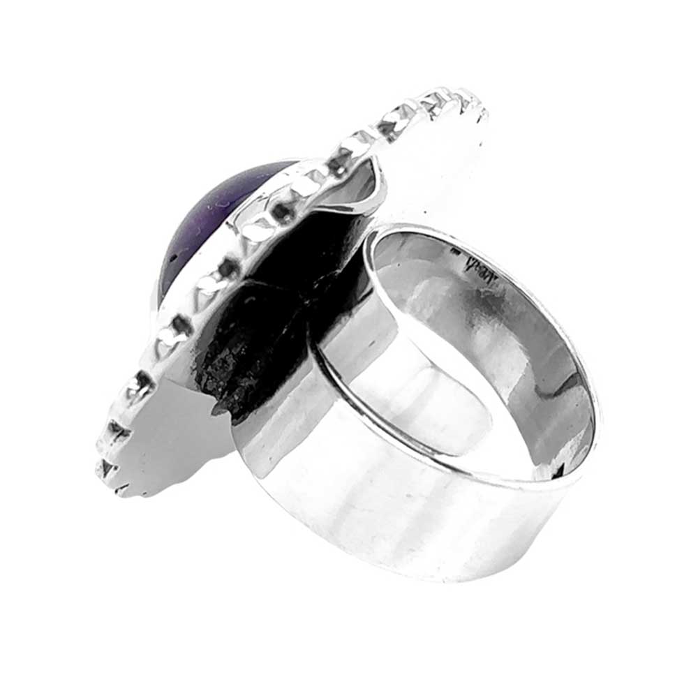 Amethyst with Circles Big Silver Ring back Nueve Sterling