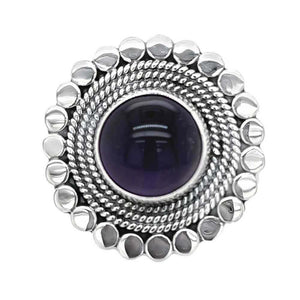 Amethyst with Circles Big Silver Ring front Nueve Sterling