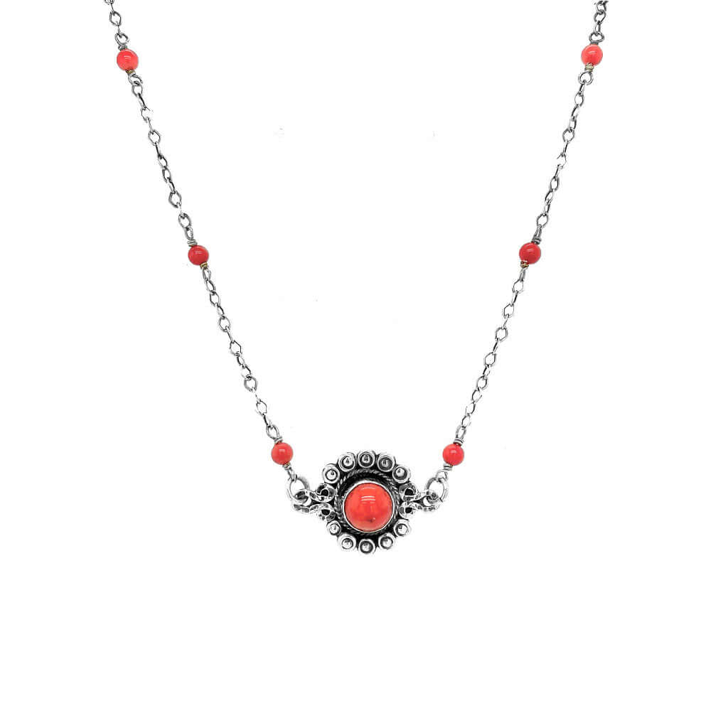 Coral Silver Flower Necklace front Nueve Sterling