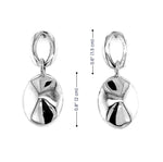 Silver earrings with a geometric design on a white background with dimensions