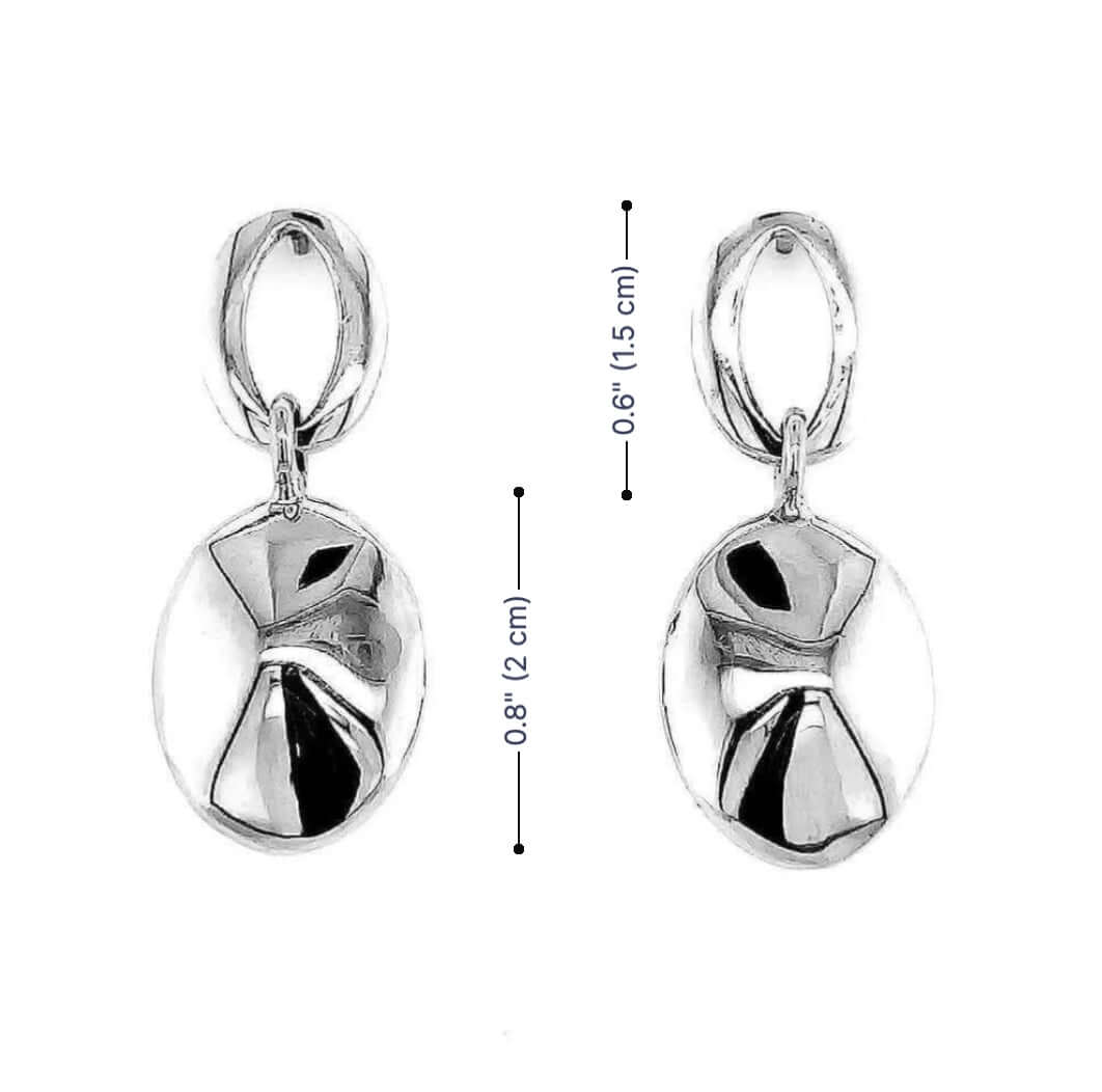 Silver earrings with a geometric design on a white background with dimensions