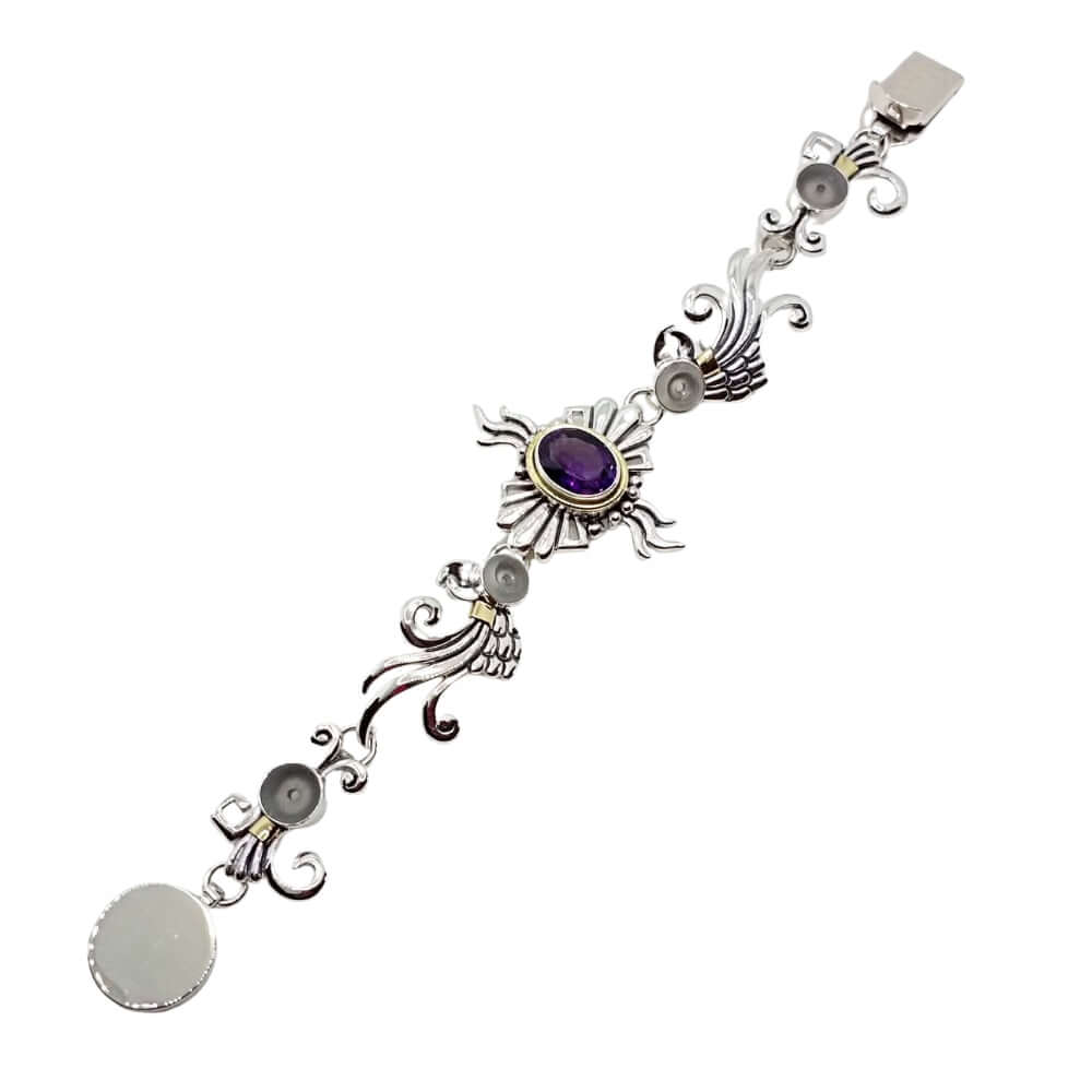 Silver bracelet with amethyst on a white background