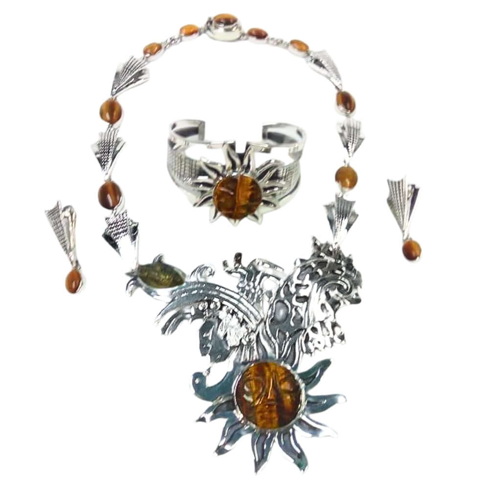 950 Silver jewelry set with tiger eye and amber stones on a white background