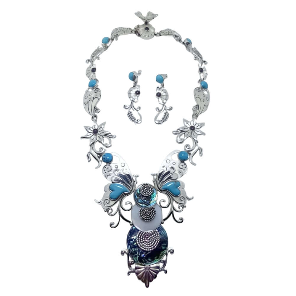 Taxco jewelry set of 950 silver, amethyst, turquoise, abalone and shell necklace and earrings