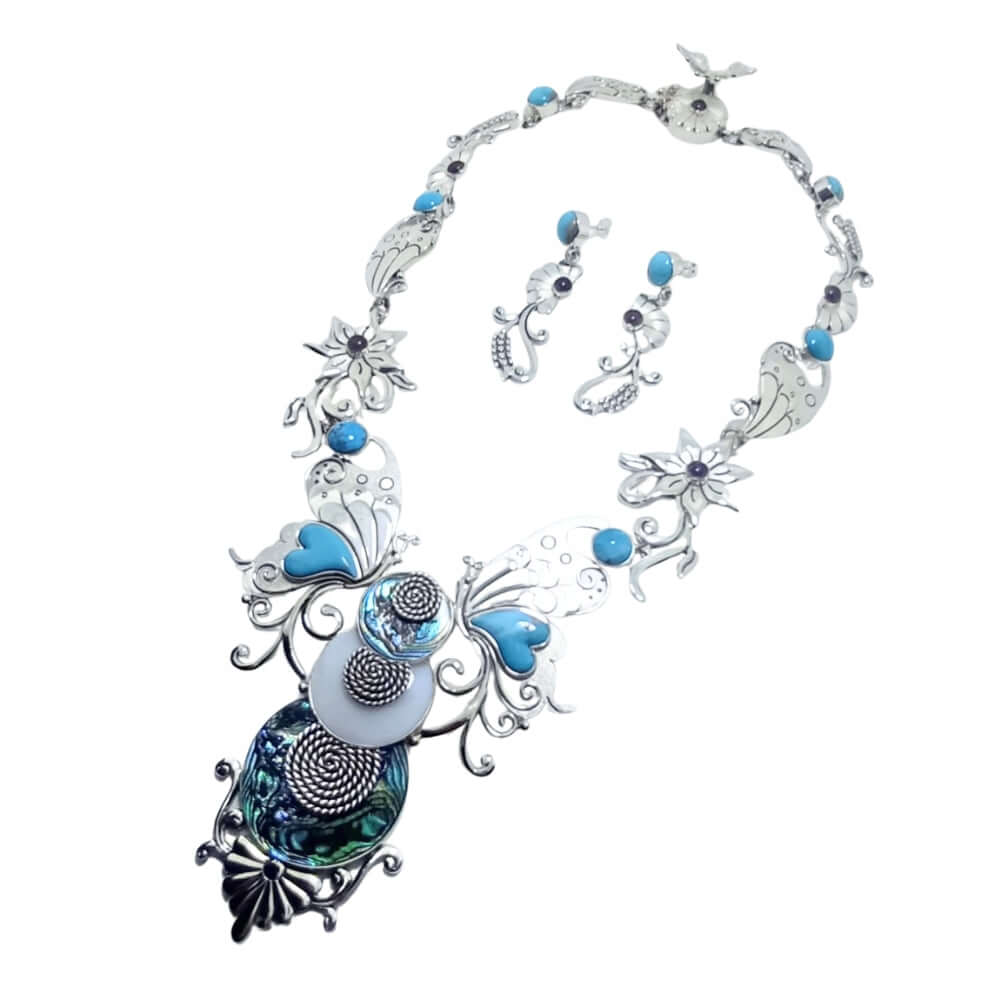 Taxco jewelry set of 950 silver, amethyst, turquoise, abalone and shell necklace and earrings side