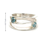 Taxco Silver ring with blue gemstones and dimensions on a white background