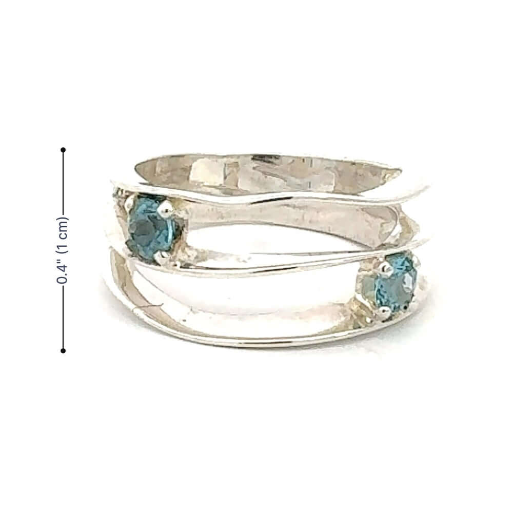 Taxco Silver ring with blue gemstones and dimensions on a white background