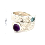 Hammered silver ring with purple and light blue gemstones with measurements