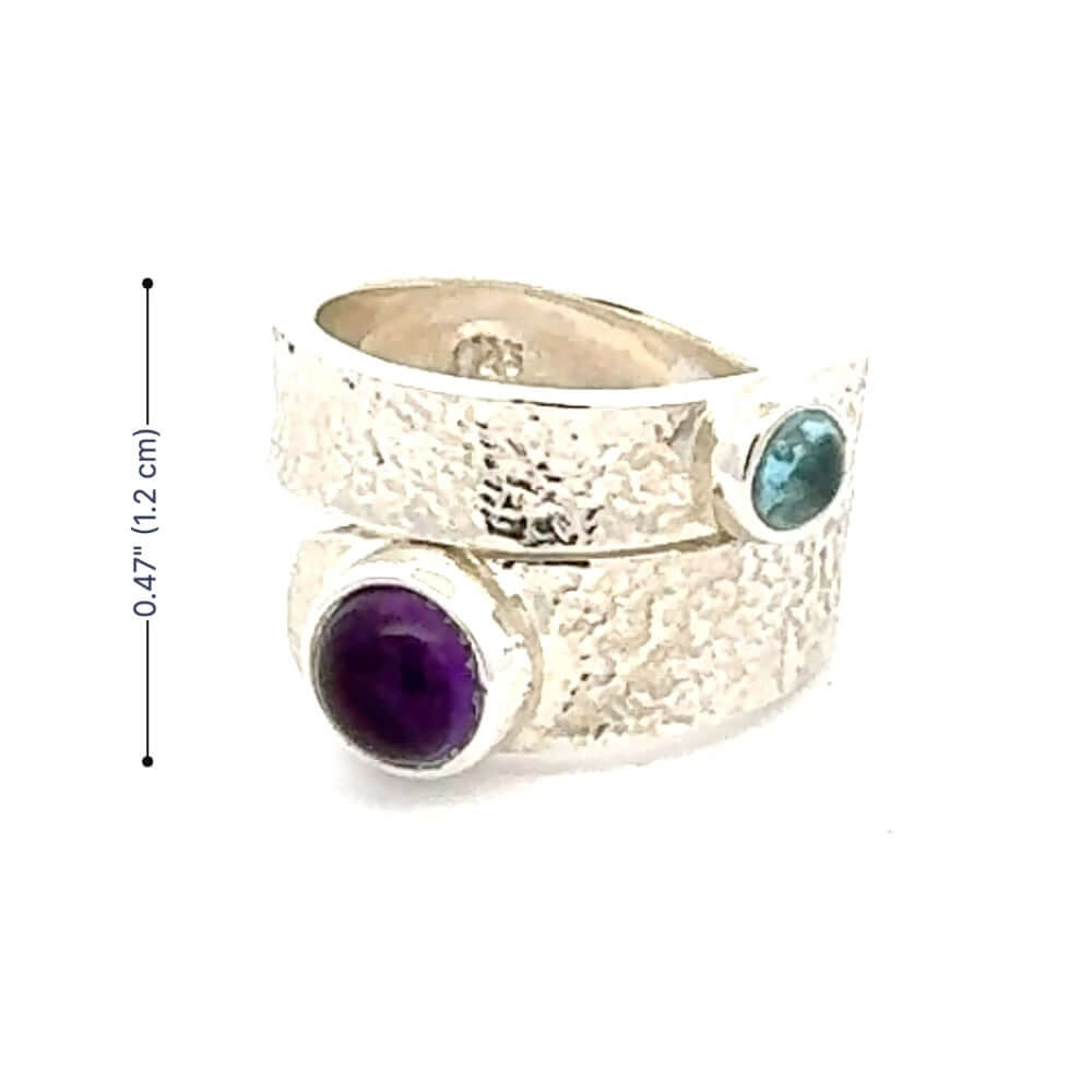 Hammered silver ring with purple and light blue gemstones with measurements