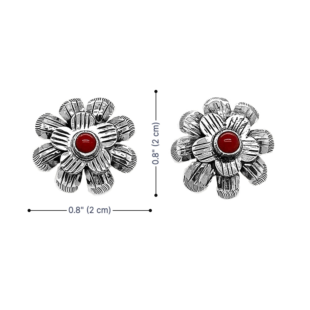Artisan Taxco Silver Flower Earrings with Natural Stone