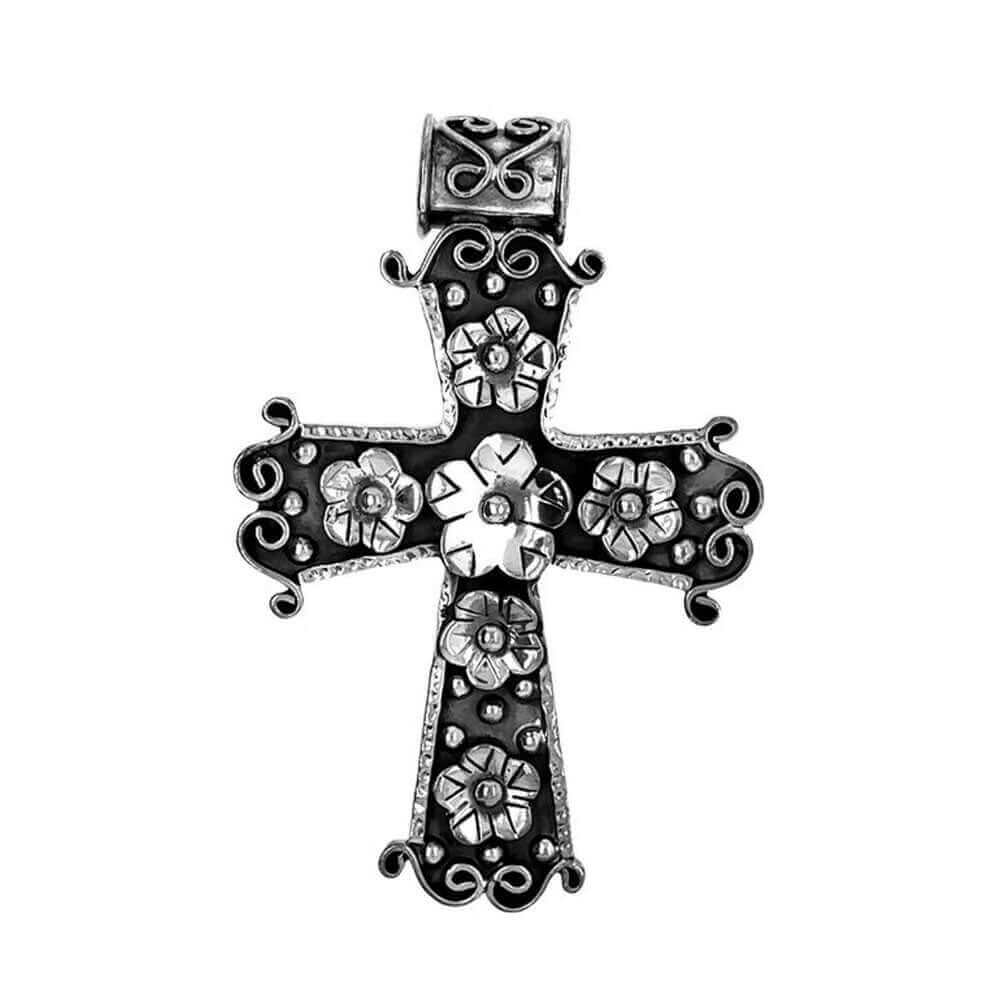 Pendentif Croix Argent Fleurs