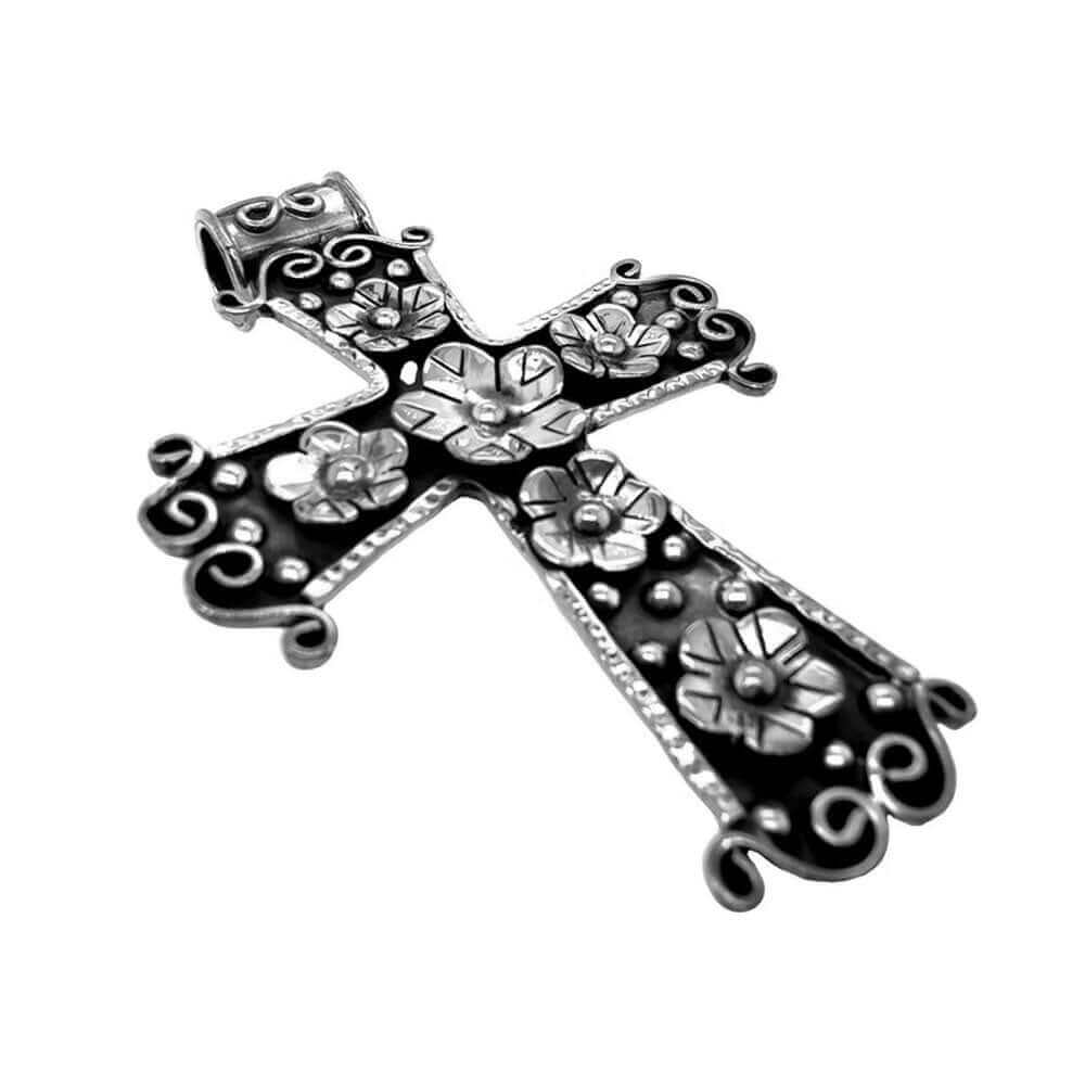 Pendentif Croix Argent Fleurs